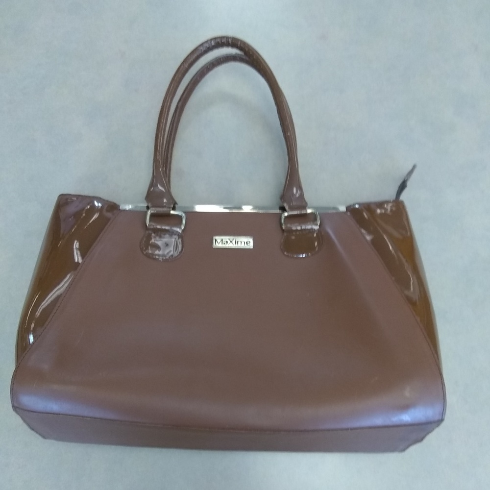 Maxime Brown patent and regular leather E/W tote
